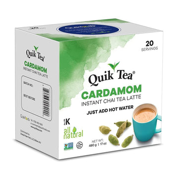 Quiktea Cardamom Instant Chai Tea Latte - 20 Count Single Box - Single Serve Pouches - All Natural & Preservative Free
