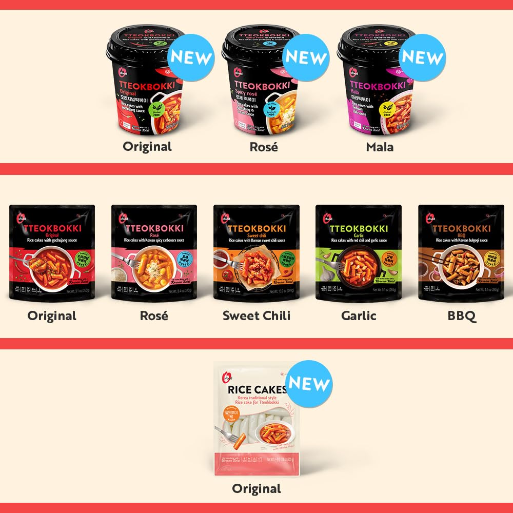 O'Food Tteokbokki Variety Pack, Pack Of 6, Instant Korean Rice Cakes, Authentic Spicy Street Food, Ready To Eat, No Msg, No Corn