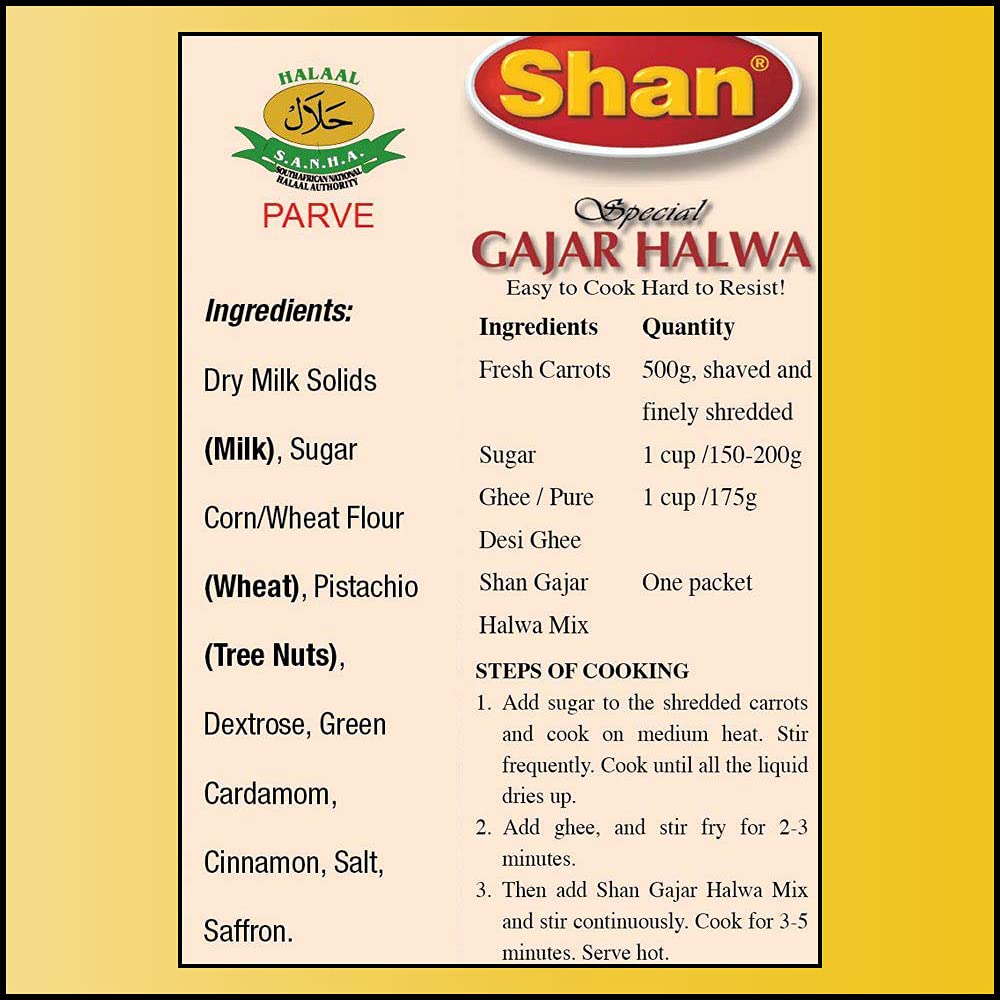 Shan Gajar Halwa Dessert Mix - Vegetarian Powder for Carrots and Milk - Pack of 6 (3.5 oz each)