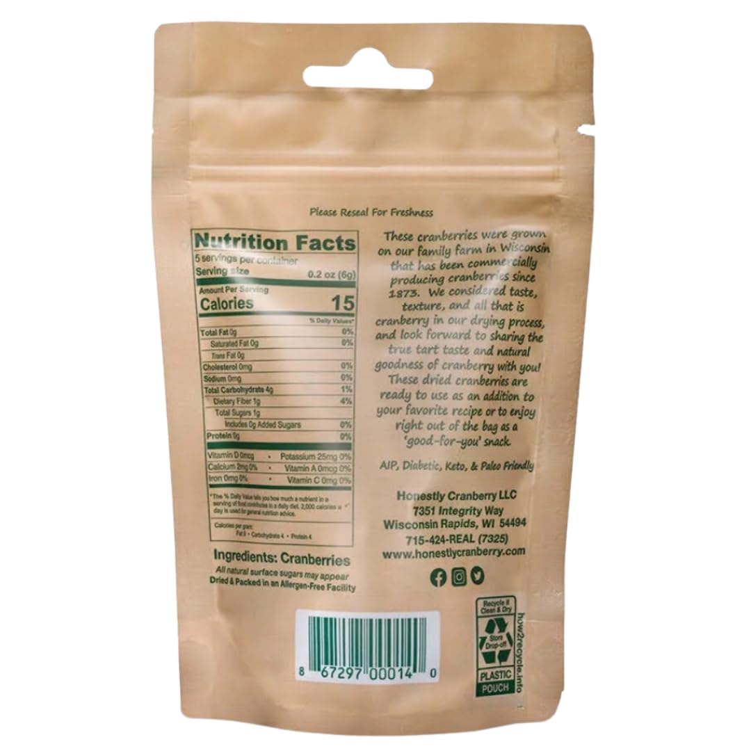 Honestly Cranberry - Unsweetened Dried Cranberries - No Added Sugars, Juices, Or Oils - Non-Gmo - Wisconsin Grown (12-1 Oz)