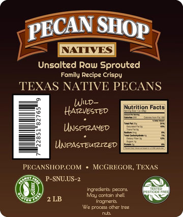 Pecan Shop Unsalted Sprouted Raw Texas Native Pecans, Unsprayed Wild-harvested, Family Recipe Crispy by Pecan Shop - 2 Pound