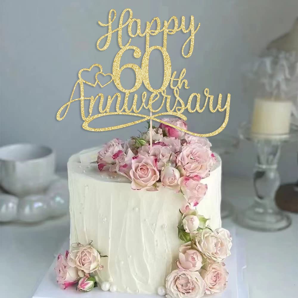 Sleyberoy Gold Glitter Happy 60th Anniversary Cake Toppers -Wedding Anniversary Party Decorations, 60th Wedding Anniversary, Com