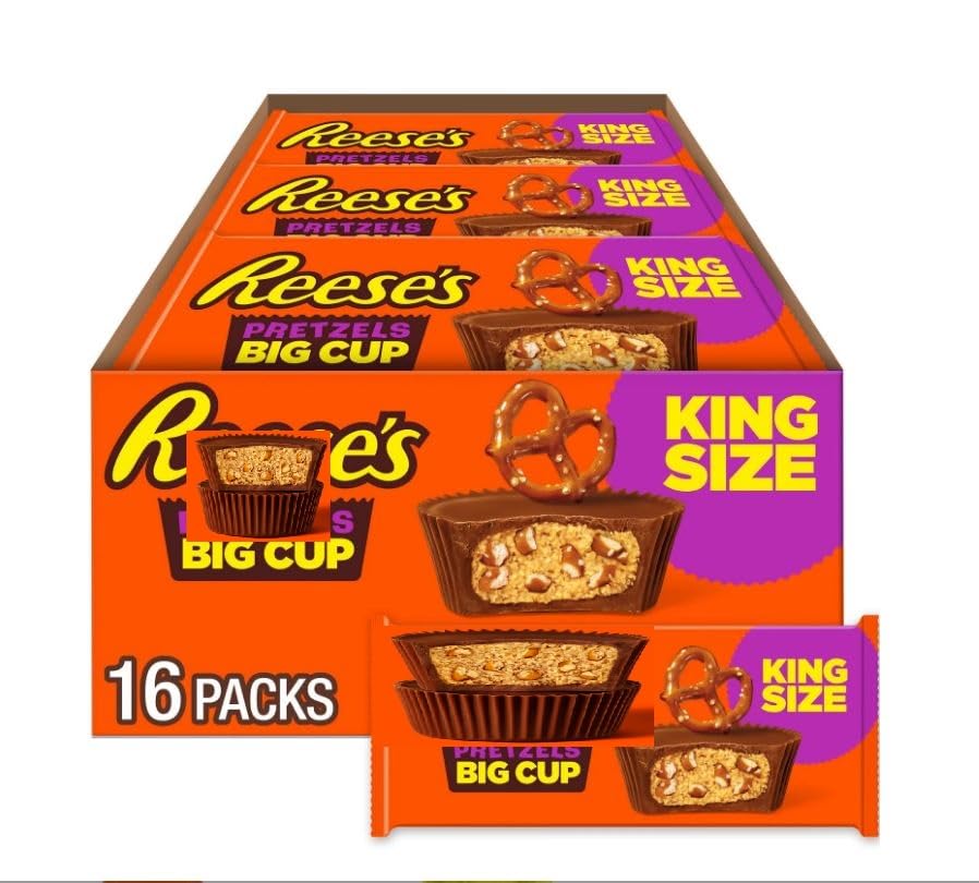 ValentineS Day Big Cup With Pretzels Milk Chocolate King Size Peanut Butter Cups 16 Count 2.6 Oz (32 Cups Total) Candy Packs Individually Wrapped Milk Chocolate Candy 16 Trays Of 2 Bigcups