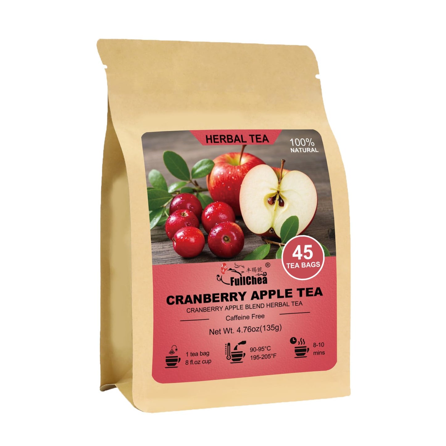 Fullchea - Cranberry Apple Tea 45 Teabags - Cranberry Tea With Apple Hibiscus Rose & Licorice - Naturally Sweet & Tart - Non-Gmo - Energy Blend-Free - Wellness Support