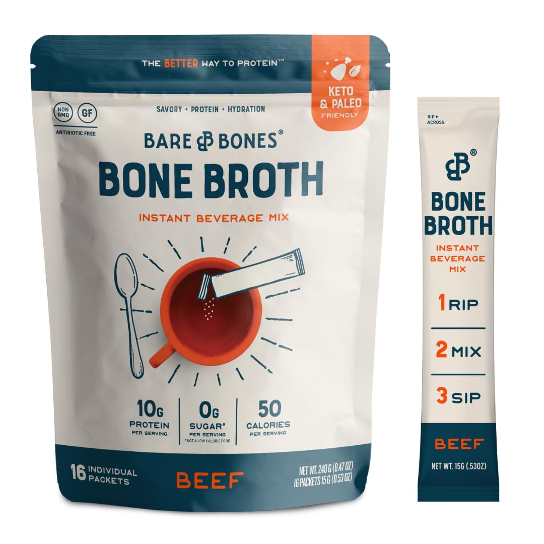 Bare Bones Bone Broth Instant Powdered Beverage Mix, Beef, Pack of 16, 15g Sticks, 10g Protein, Keto & Paleo Friendly