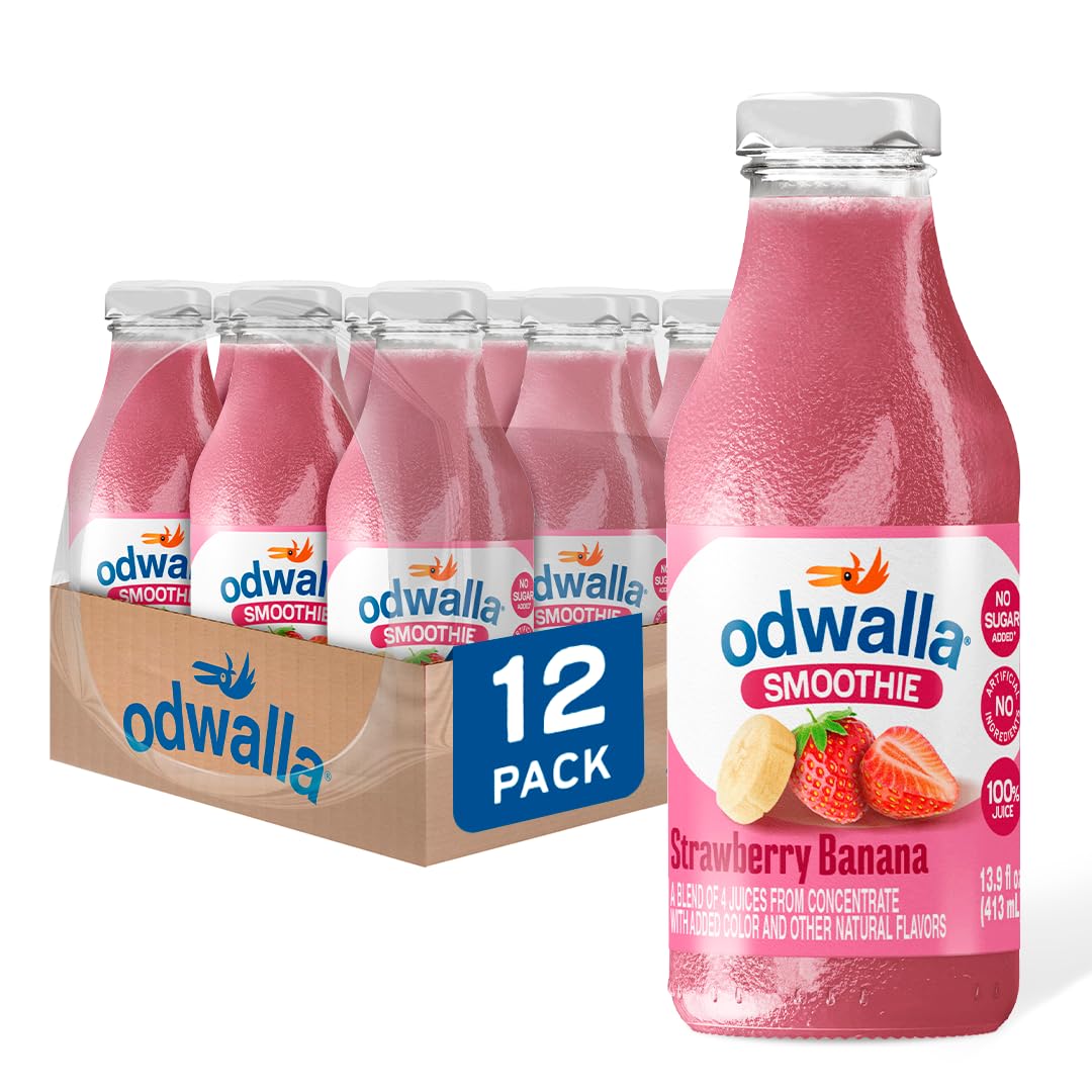Odwalla Strawberry Banana Smoothie - Fruit Smoothie Mix Ready To Drink - Juice Blend No Added Sugar No Preservatives Kosher 13.9 Oz Glass Bottles (12 Pack)
