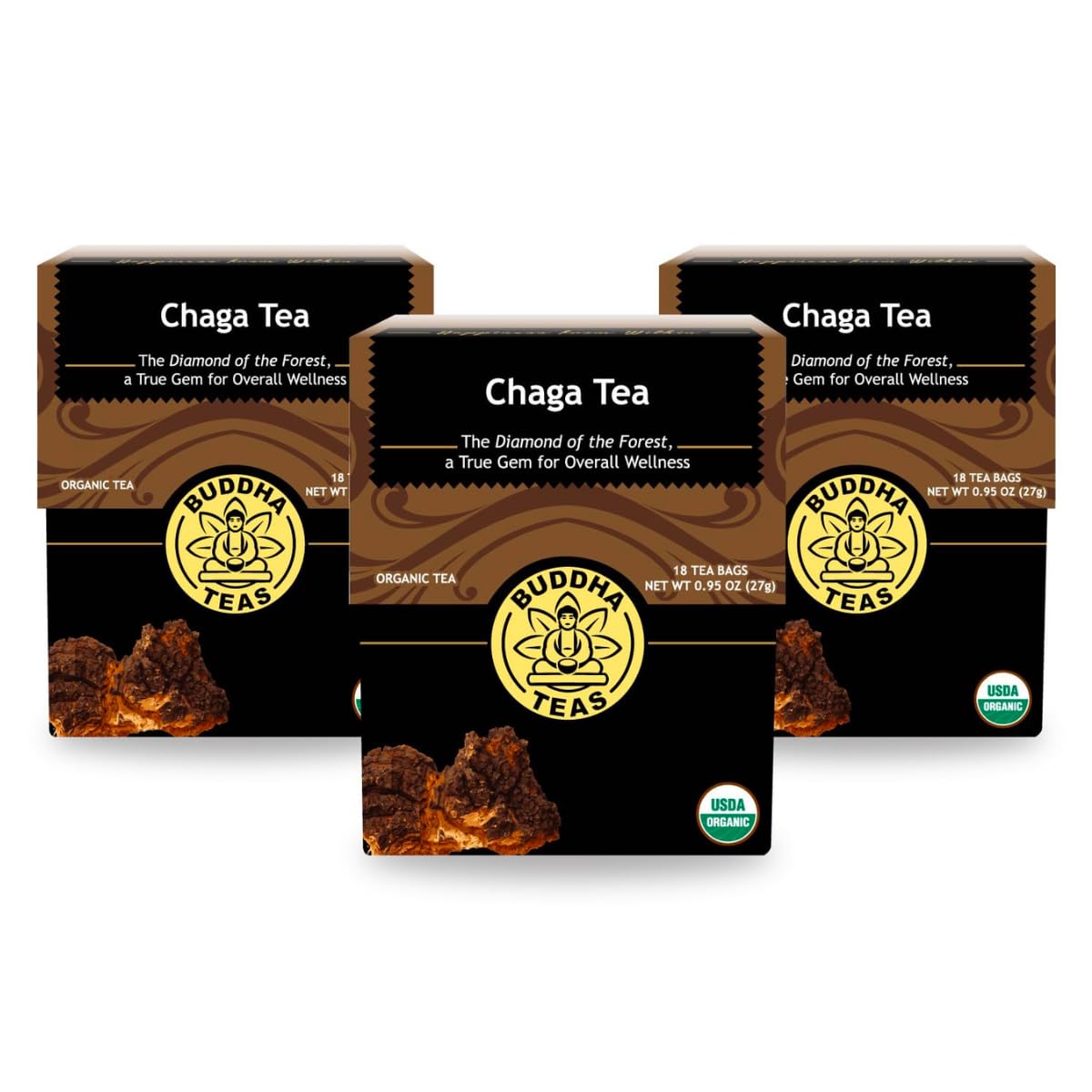 Buddha Teas - Chaga Tea - Organic Herbal Tea - For Cognitive Balance & Overall Health - With Chaga Mushroom Antioxidants & B Vitamins - Energy Blend Free - 100% Kosher & Non-Gmo - 18 Tea Bags (Pack Of 3)