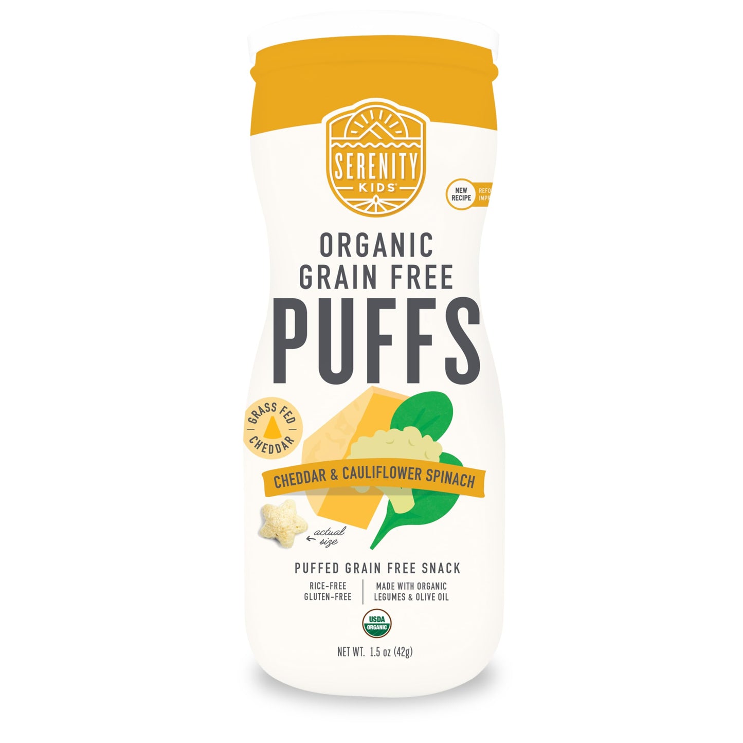 Serenity Kids 6+ Months Grain-Free Allergen-Safe Puffs For Toddlers & Babies - No Grains, Gluten, Nuts, Rice - Organic Veggies, Legumes, Olive Oil (1.5 Ounce (1 Count), Cheddar & Cauliflower Spinach)