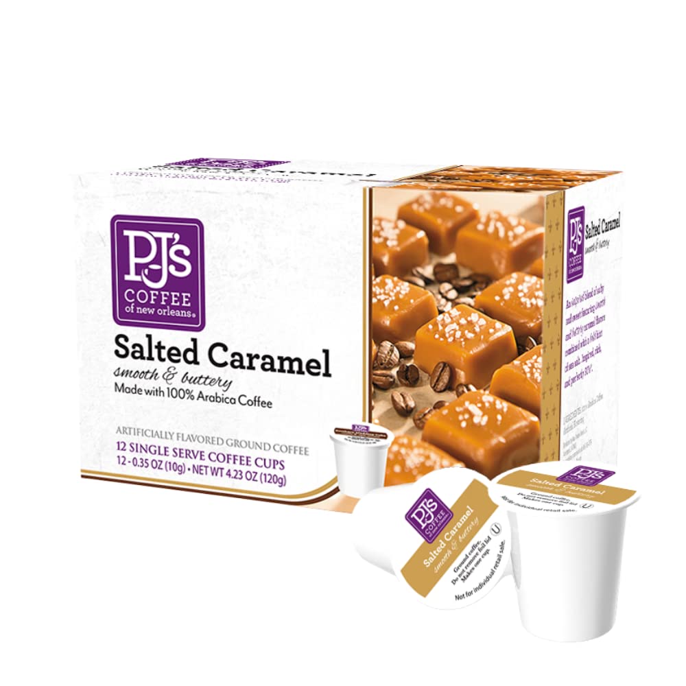 Pj'S Coffee - Salted Caramel Single Serve Cups, 12 Count - Rich Flavors Of Creamy Caramel And Bold Sea Salt