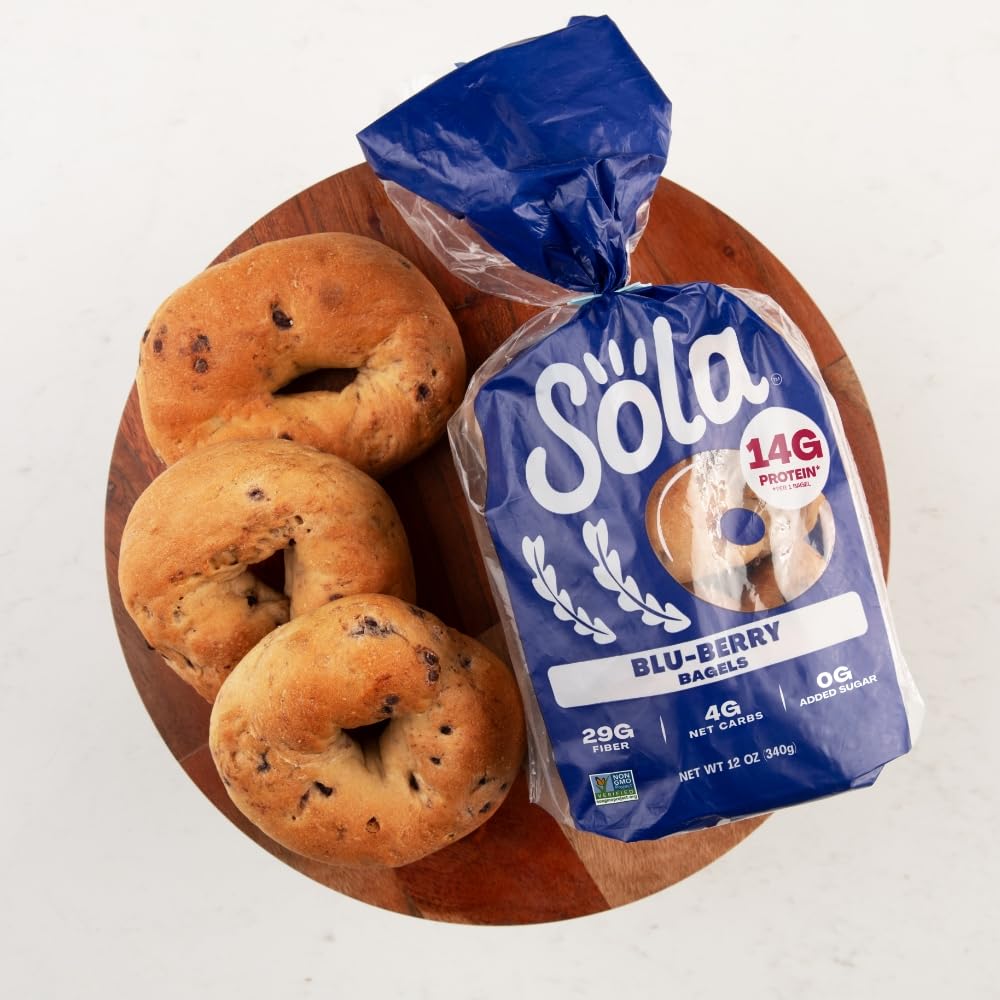SOLA Keto Bagels, Blu-berry - Low Carb (6g), High Protein (18g), No Added Sugar, 12 oz (Pack of 3)