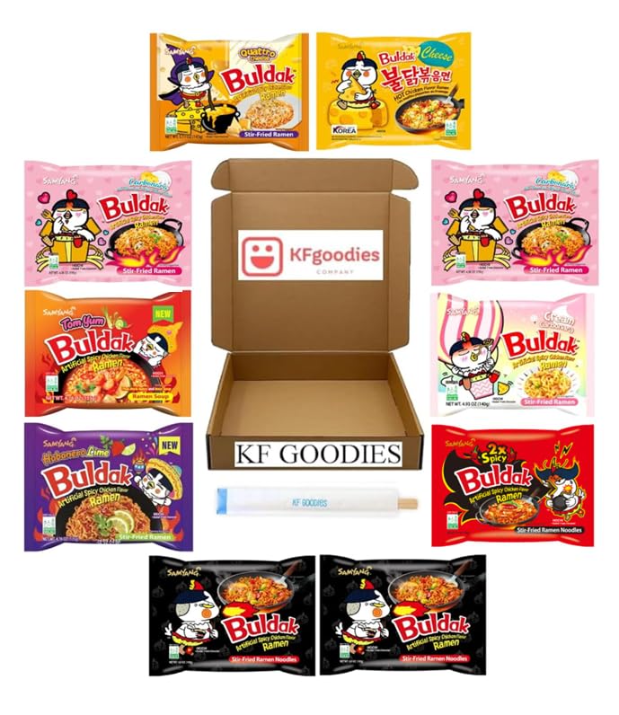Samyang Buldak Hot Spicy Chicken Ramen Noodle Korean Stir-Fried Ramen (10, 2 Original Spicy, 2 Carbonara, 1 Cheese, 1 Cream Carb