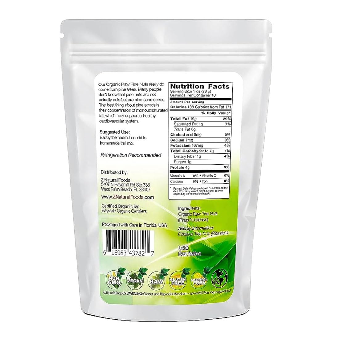 Z Natural Foods Raw Organic Pine Nuts, All Natural, 100% Pure, Vegan, Non-Gmo, Kosher, Gluten-Free Snacks, Keto-Friendly Snacks,