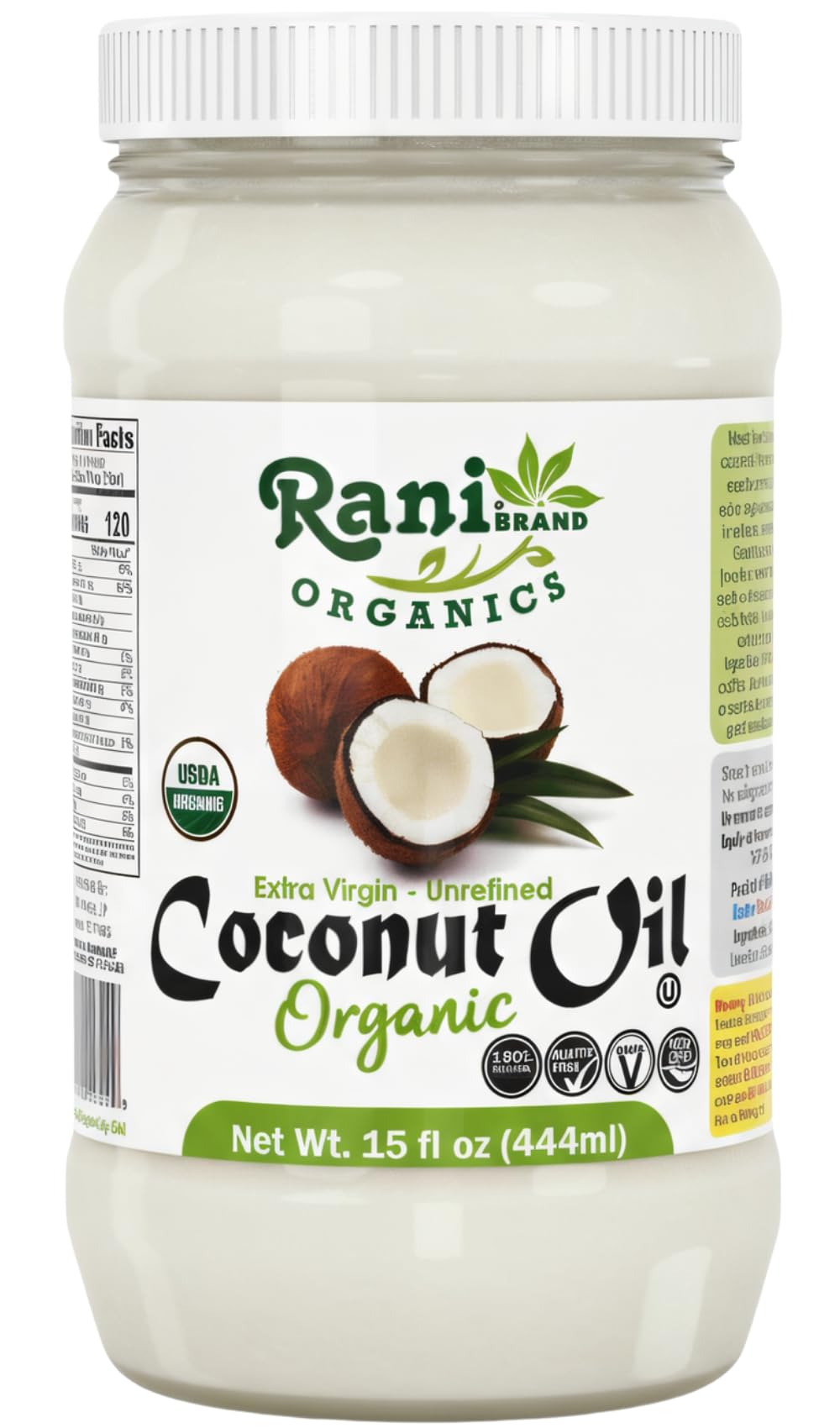 Rani Organic Extra Virgin Coconut Oil, Unrefined 15 fl oz (444ml) Cold Pressed, NON-GMO | Gluten Free | Kosher | Vegan | 100% Na