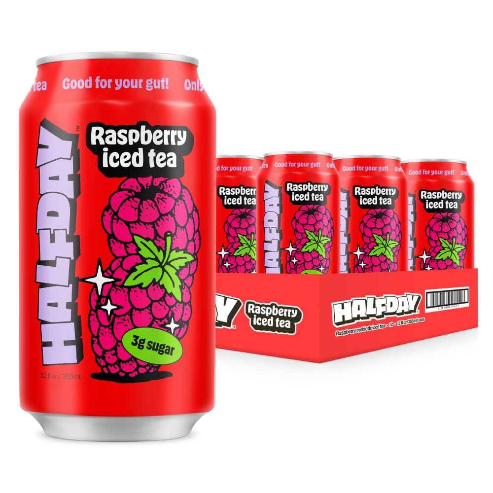 HALFDAY Prebiotic Raspberry Iced Tea Cans, 12 Pack, Supports Digestive Health & Gut Health, 8g Plant Fiber & Prebiotics, Gluten