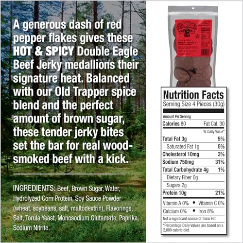 Old Trapper Beef Jerky, Hot & Spicy, 21oz, 10g Protein, Natural Wood Smoked, 80 Calories per Serving, Pack of 1