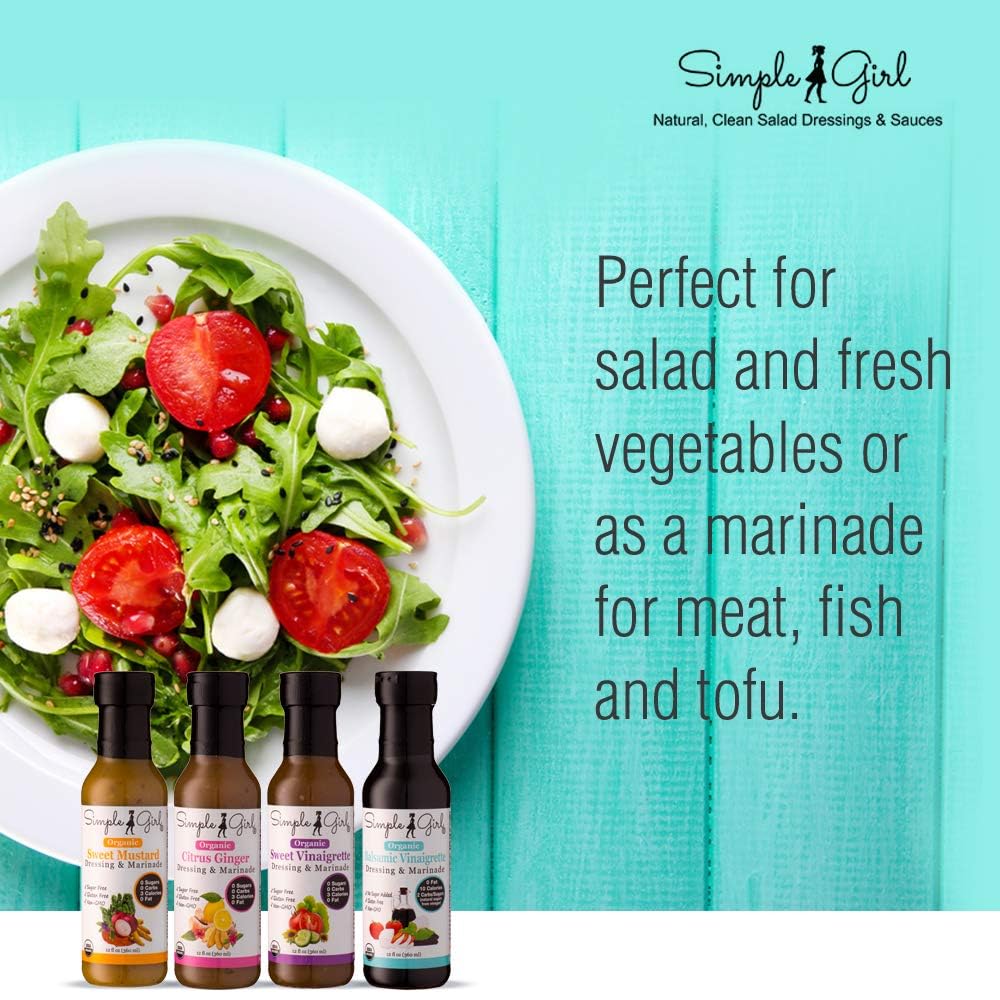 Simple Girl Organic Salad Dressing Variety - Sweet Vinaigrette, Balsamic Vinaigrette, Sweet Mustard And Citrus Ginger - Sugar Free Dressings, Low/No Carb, Fat Free, Diabetic, Gluten Free, Vegan, Paleo, And Keto Friendly - 4 Pack (12 Fl Ounce Each)