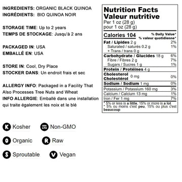 Food To Live Organic Black Quinoa, 20 Pounds - Non-Gmo, Whole Grain, Sproutable, Kosher, Vegan, Sirtfood. Easy To Cook. Good Sou