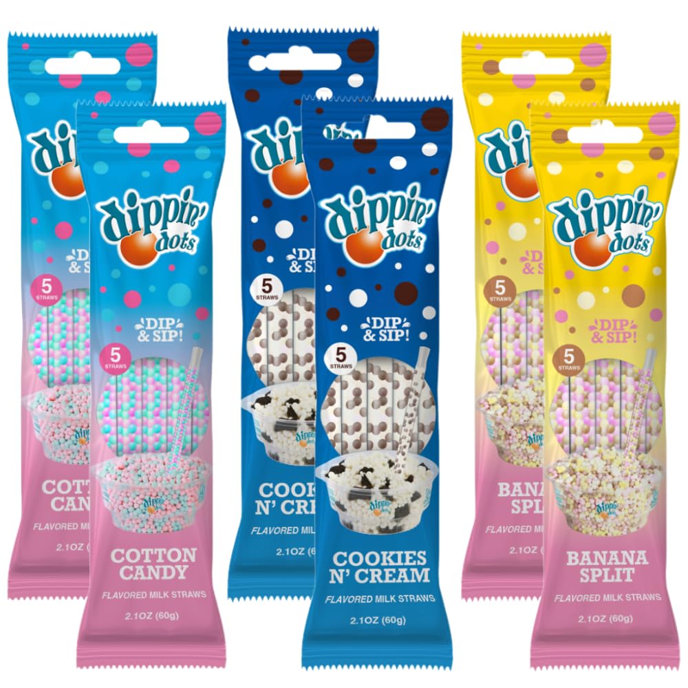 Dippin Dots Magically Flavored Milk Straws, Cotton Candy, Cookies n Cream, and Banana Split, 6-Pack Party Bundle (30 Straws) |