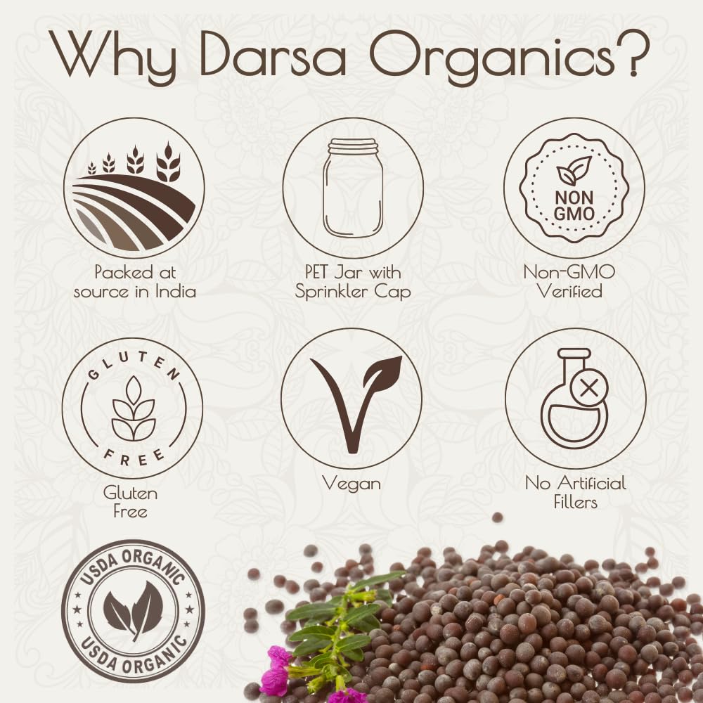 Darsa Organics Black Mustard Seeds 5.3 Oz - Organic Black Mustard Seeds For Pickles, Curries, & Spice Blends, Usda Certified, No