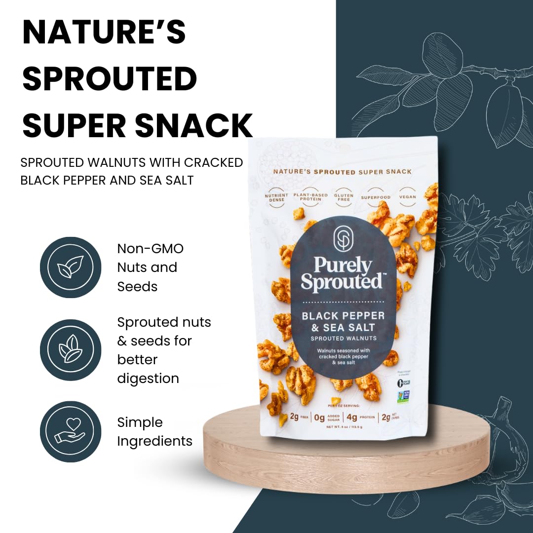 Purely Sprouted Black Pepper & Sea Salt Sprouted Walnuts, Non-Gmo Superfood For Healthy, Certified Usda Organic, Gluten-Free Sna