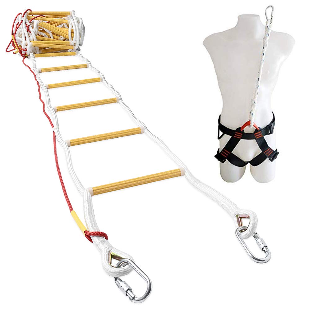 Isop Fire Evacuation Rope Ladder 4 Story 32Ft With Fall Arrest System & Spring Hooks - Rescue Ladders For 4-Story Homes - Fireproof & Weather Resistant - Escape Ladder 10M
