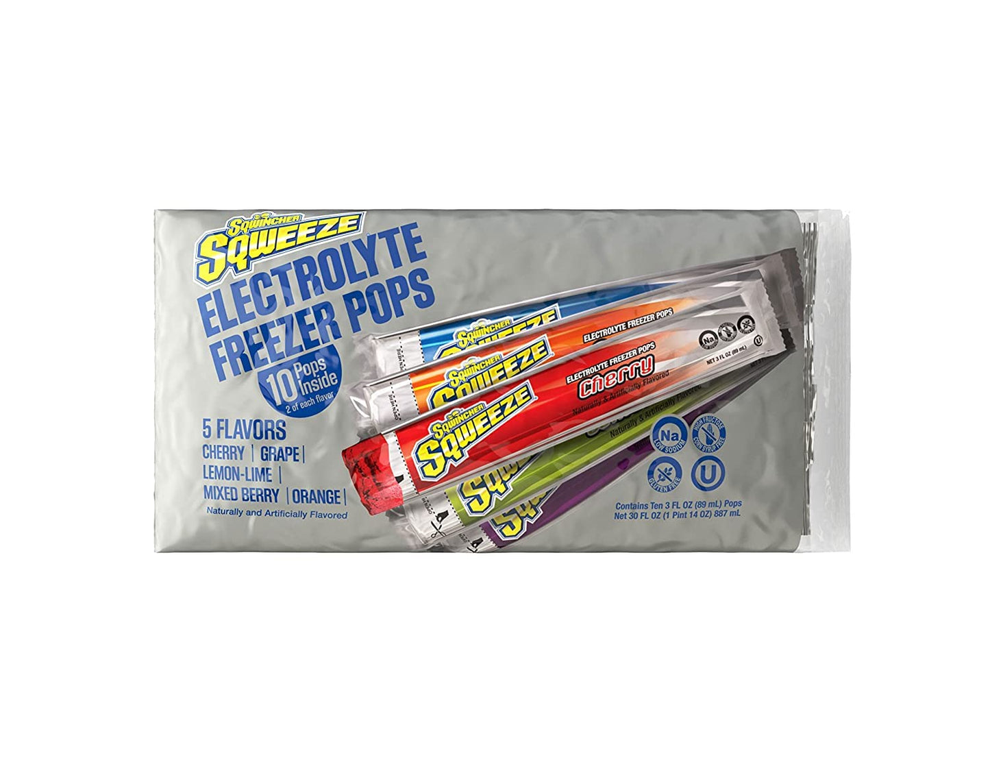 Sqwincher Sqweeze Low Sodium Electrolyte Freezer Pops, 5 Flavor Variety Pack - Lemon Lime, Grape, Cherry, Mixed Berry, Orange, (50 Total Freezer Pops)