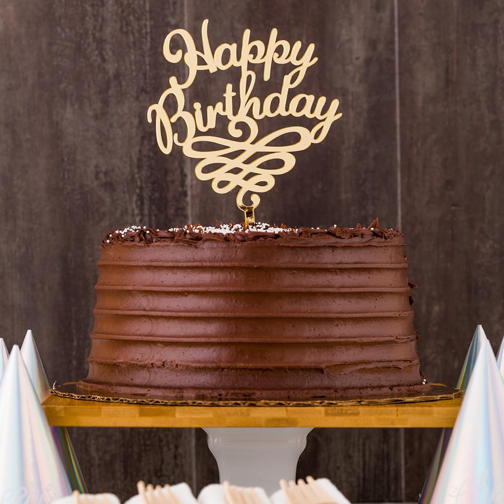Restaurantware Top Cake Happy Birthday Cake Topper 1 Mirrored Birthday Cake Decoration - With Swirls Durable Gold Acrylic Birthd