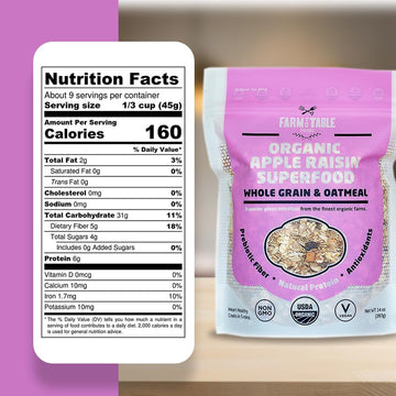 Farm To Table Foods Organic Apple Raisin Superfood Oatmeal - High-Protein, Whole Grain, Plant-Based, Unsweetened, Non-Gmo - 3-Pa
