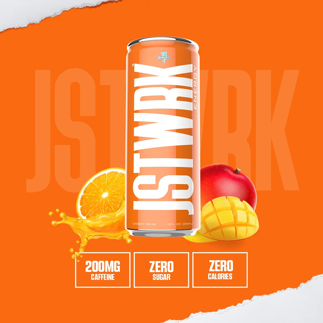 Jst Wrk Energy Drink - 12-Pack, Sugar Free, Zero Calories, No Sugar S, 12 Fl Oz., 200 Milligrams Caffeine (Shark Bite)
