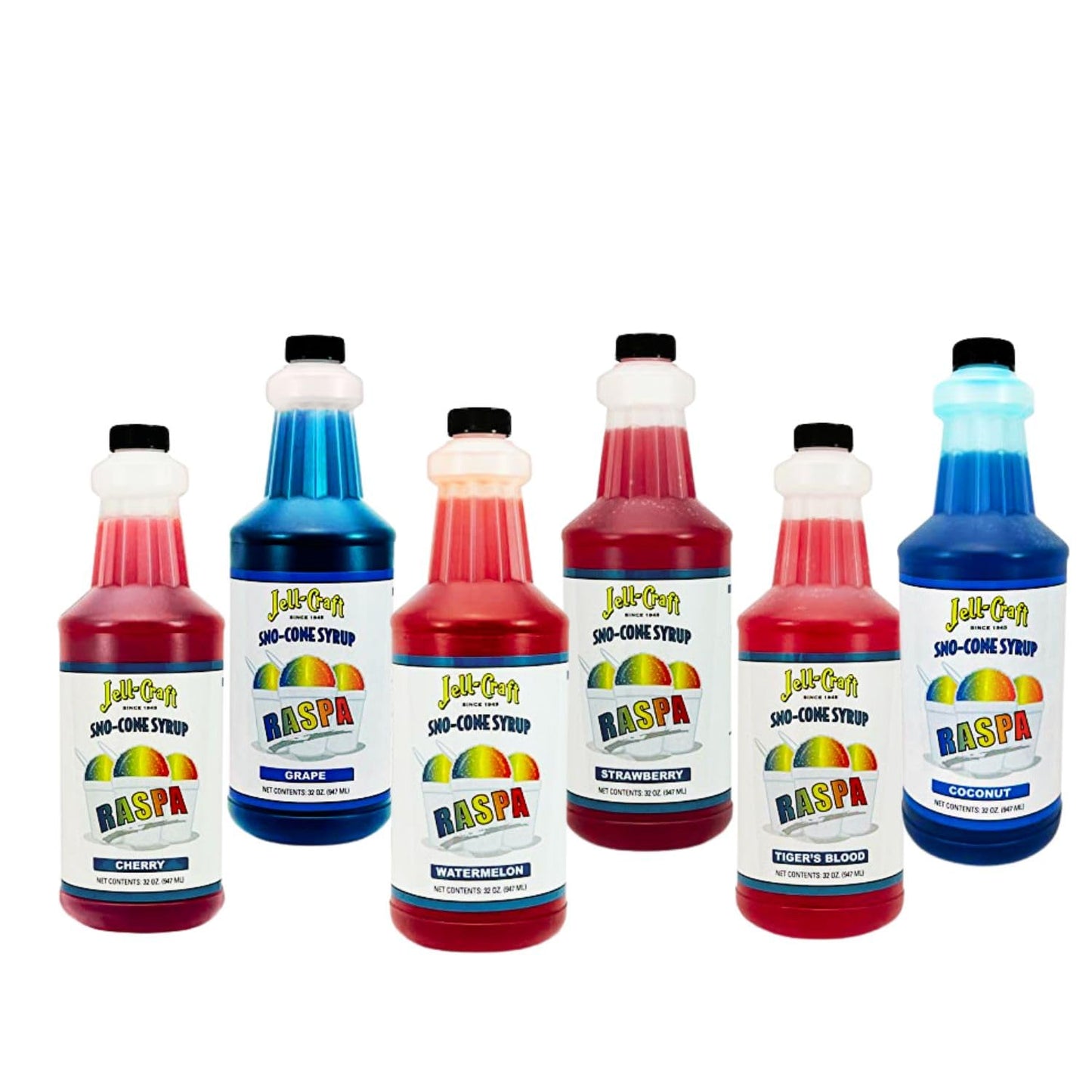 Jell-Craft Sno Cone Syrup 32 Fluid Ounces Pack Of 6 - Great For Frozen Drinks Punch Slushie Snowballs Ice Cream Topping Or Aguas Frescas (6 Pack 32 Fl Oz Variety) Cherry Coconut Grape Strawberry Tigers Blood Watermelon