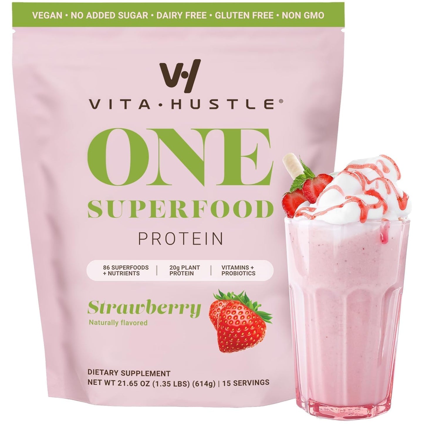VitaHustle All-in-One Nutrition Shake, Strawberry Flavor, Vegan Protein Powder with 86+ Superfoods, Plant-Based Meal Replacement