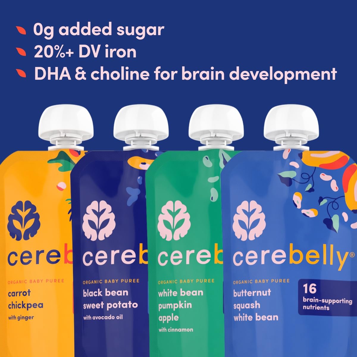 Cerebelly Baby Food Pouches - Organic Beans & Veggies Purees Variety Pack (4 Oz, Pack Of 8) Toddler Snacks - 16 Brain-Supporting