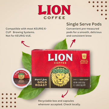 Lion Coffee Gold Roast Coffee Pods - Single-Serve Pods - Smooth Medium Roast - Arabica Coffee - Compatible With Single-Serve Bre