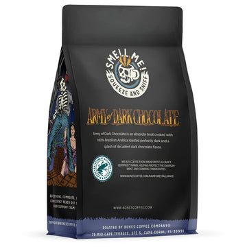 Bones Coffee Company Army Of Dark Chocolate Whole Coffee Beans, Dark Chocolate Flavor Low Acid Flavored Coffee, Made with Arabic