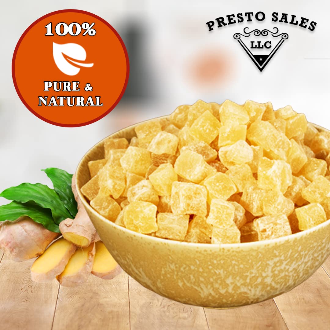 Presto Sales Crystallized Ginger Pieces 112 oz | Unsulphured Dried Candied Ginger 3-5 mm Pieces | All Natural, Non-GMO | Relieve