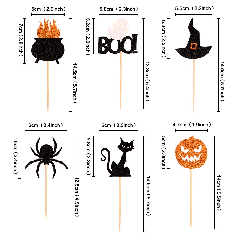 Keaziu Halloween Cupcake Toppers 24 Pack Cat Pumpkin Spider Toothpick Flags Black HCT-24