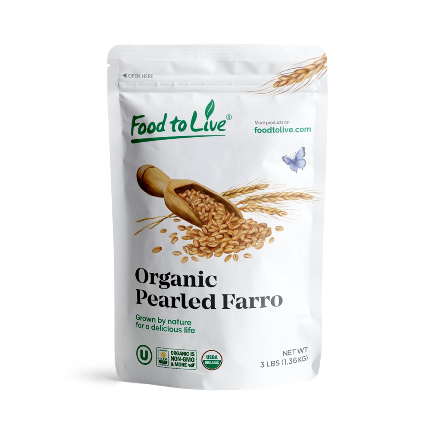 Food to Live Organic Italian Pearled Farro, 3 Pounds - Non-GMO, Kosher, Vegan, Whole Farro Grain in Bulk, Good Source of Fiber a