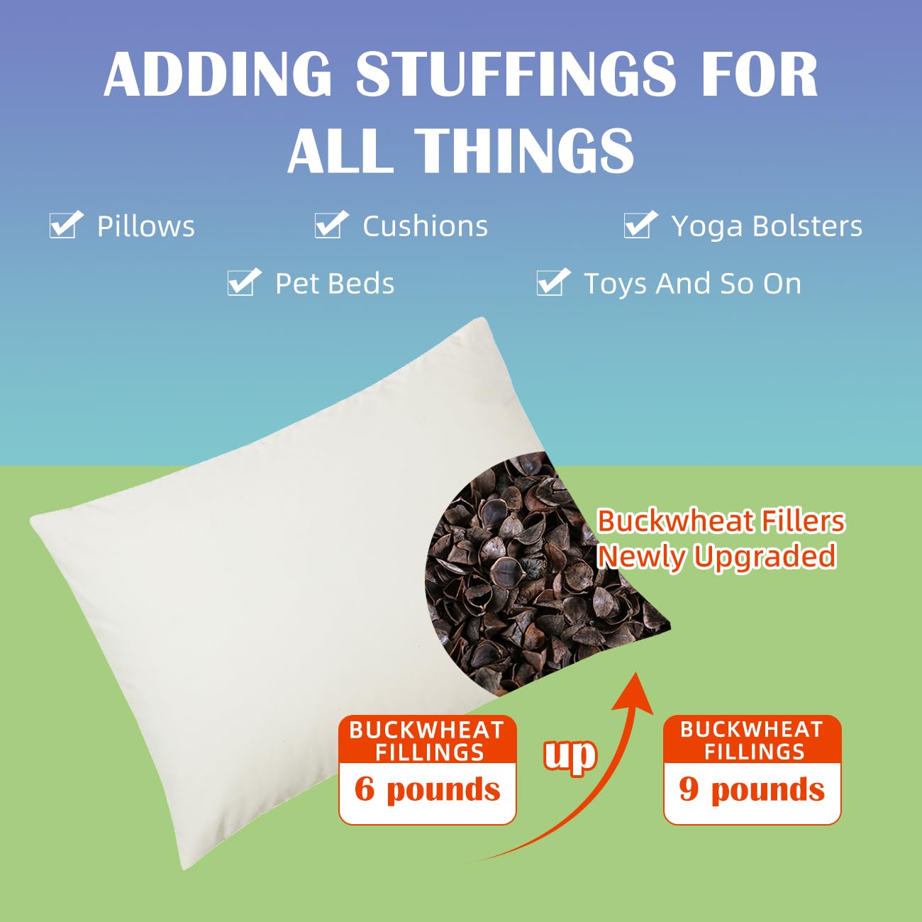 Lofe Buckwheat Hulls - 9 Lbs Pillow Fillings, Stuffing Bulks, 100% Organic Buckwheat Pillow Replacement