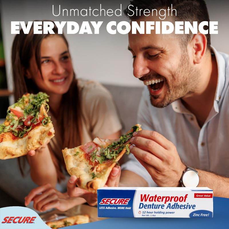 Secure Waterproof Denture Adhesive - Zinc Free - Extra Strong Hold For Upper Lower Or Partials - 14 Oz