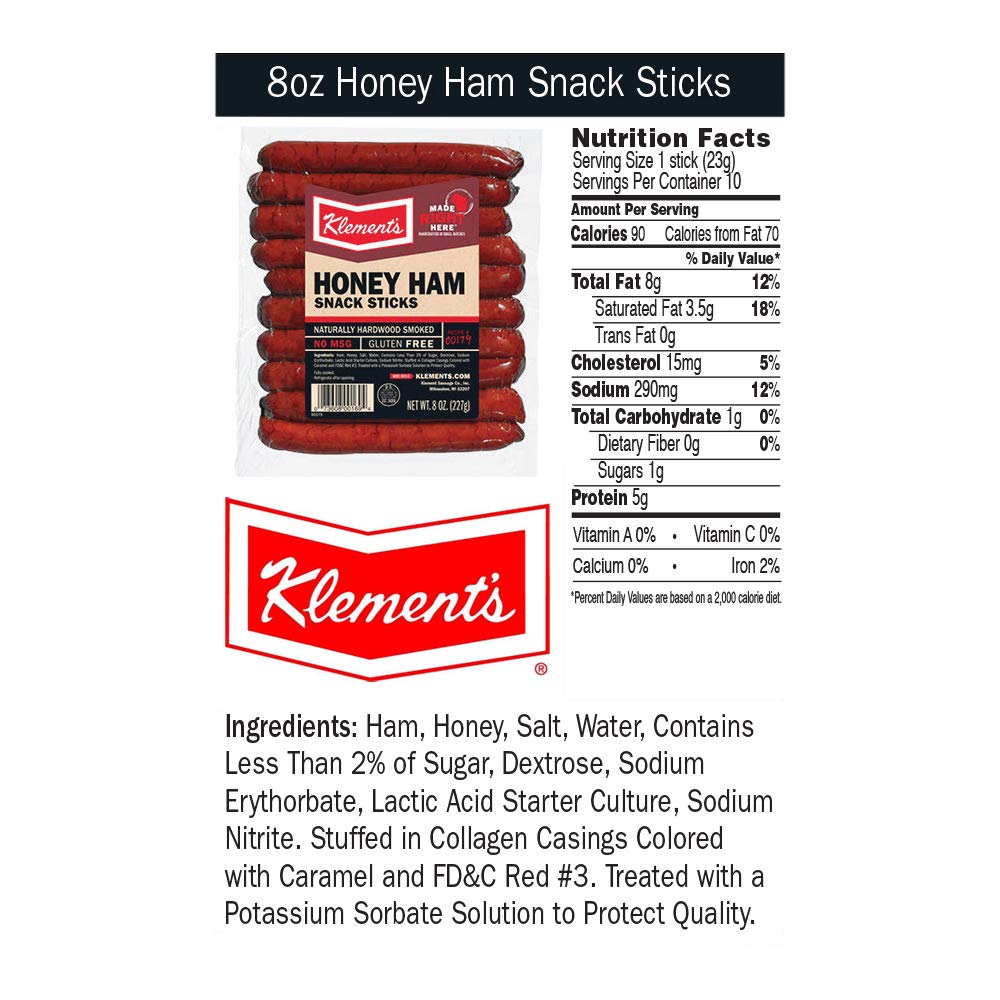 Klements Ham Sticks, Honey Flavor, 8 Ounce - Savory Snack for On-the-Go
