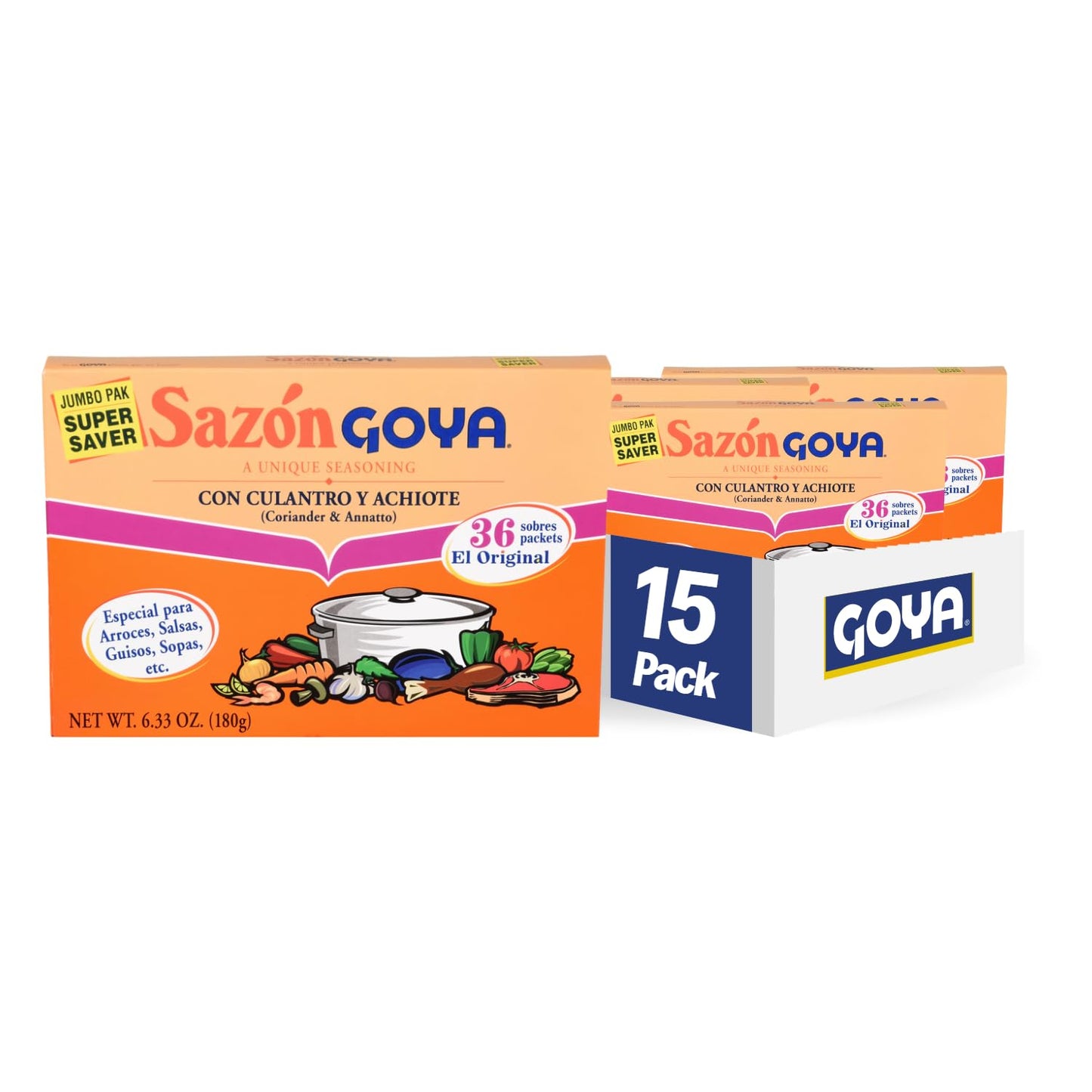 Goya Foods Saz  n Seasoning with Coriander & Annatto, No Salt Added, 6.33 Ounce (Pack of 15) Packaging may vary