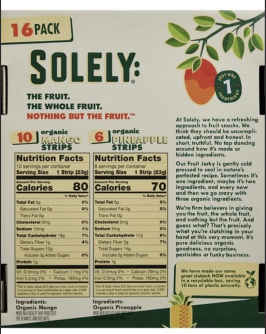 Solely Organic Fruit Jerky Flavors Variety 16 Strips No Sugar Added 13 oz. 10 Mango 6 Pineapple strips
