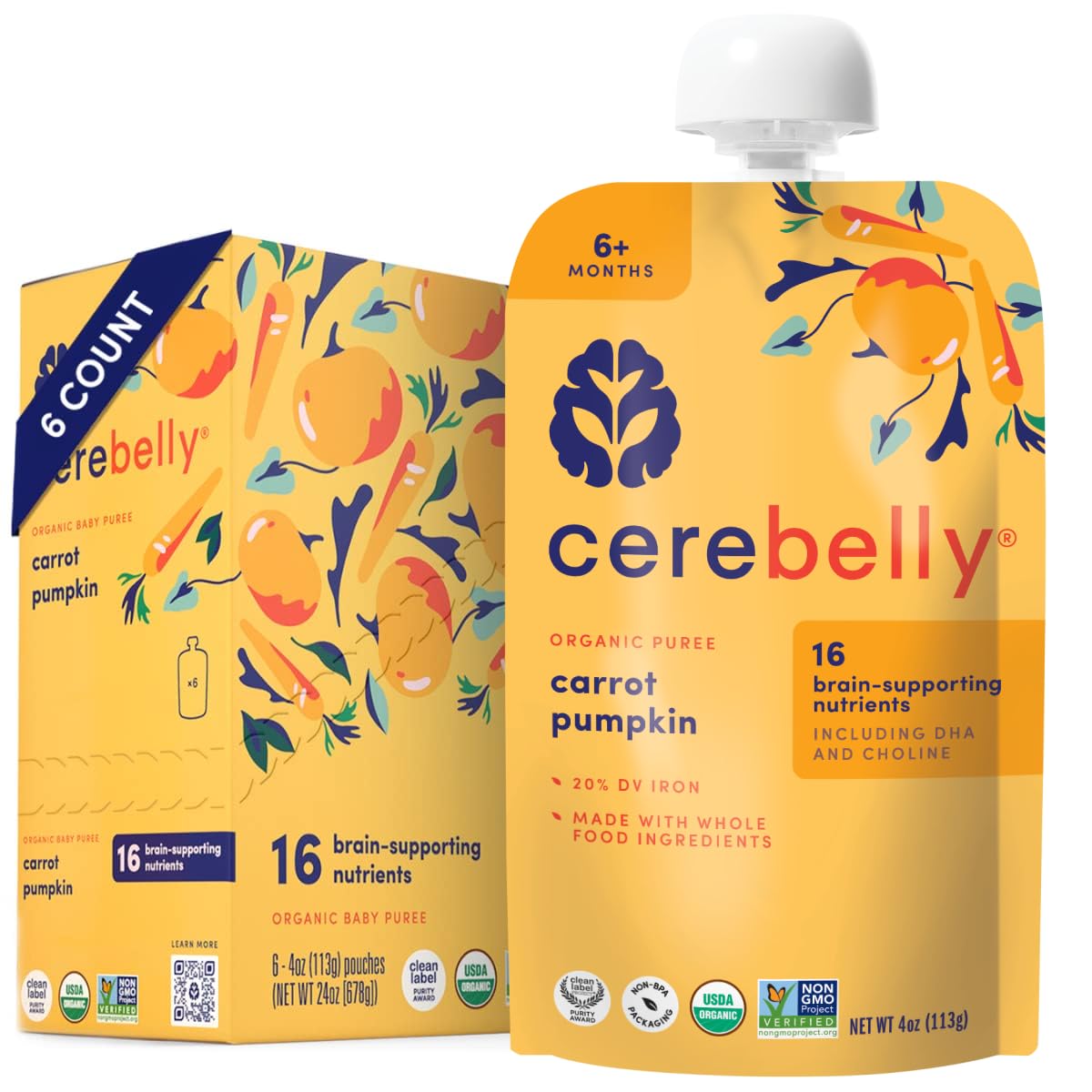 Cerebelly Organic Baby Food Pouches, Carrot Pumpkin Purees, 16 Nutrients, No Added Sugar, Fiber & Non-Gmo, 4Oz, 6 Pack