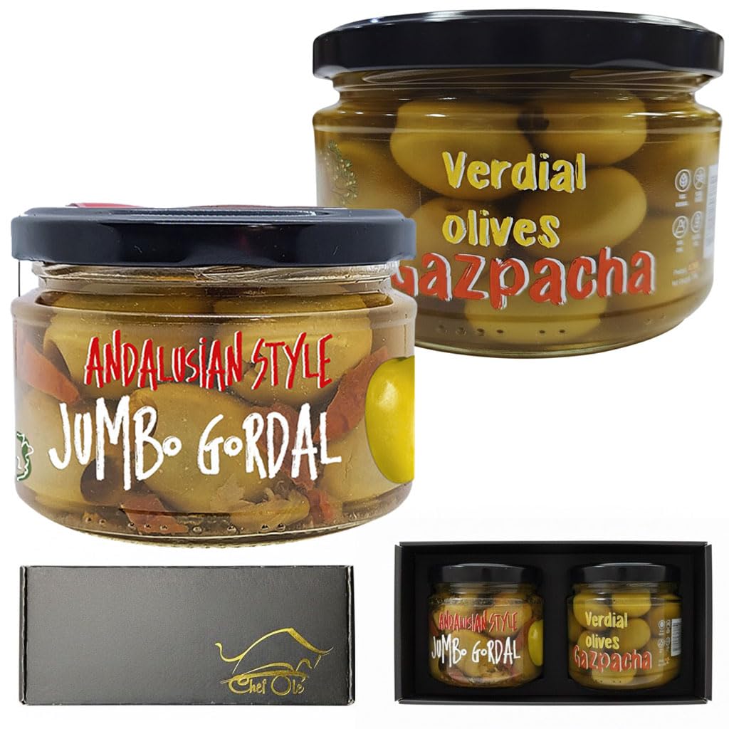 Chef Ole Gourmet Spanish Olives Gift Set: Premiun Gazpacha & Andalucia-Style Olives |Vegetarian Foodies Gift Basket-Perfectly Paired With Beverage-Inspired Cheese & Charcuterie Boards. Set Of 2 10 Oz Jars