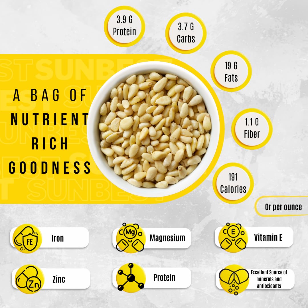 Sunbest Natural Pine Nuts Pignolia 8 Oz 1 Pack – Unsalted, Raw, Crunchy, Fresh & Delicious, Kosher Certified - Ideal For Snacking, Topping & Baking - Non-Gmo, Gluten Free