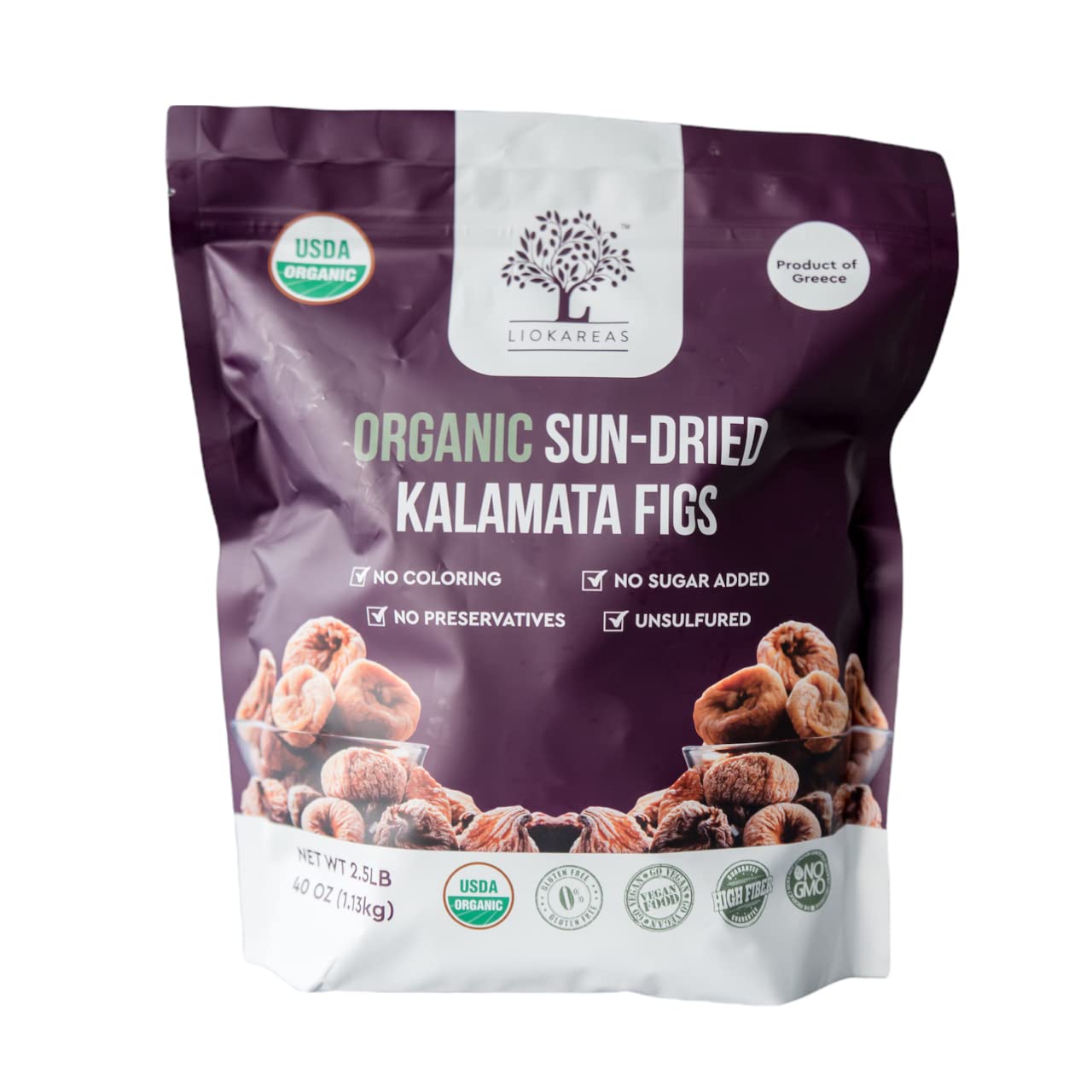 Organic Greek Kalamata Sundried Figs - Usda Organic Certified - Nongmo - Vegan - Gluten Free - High Fiber - No Sugar Added - No Preservatives - No Coloring - Unsulfured - Product Of Greece - Sweet Tasting - Resealable Zipper Pouch