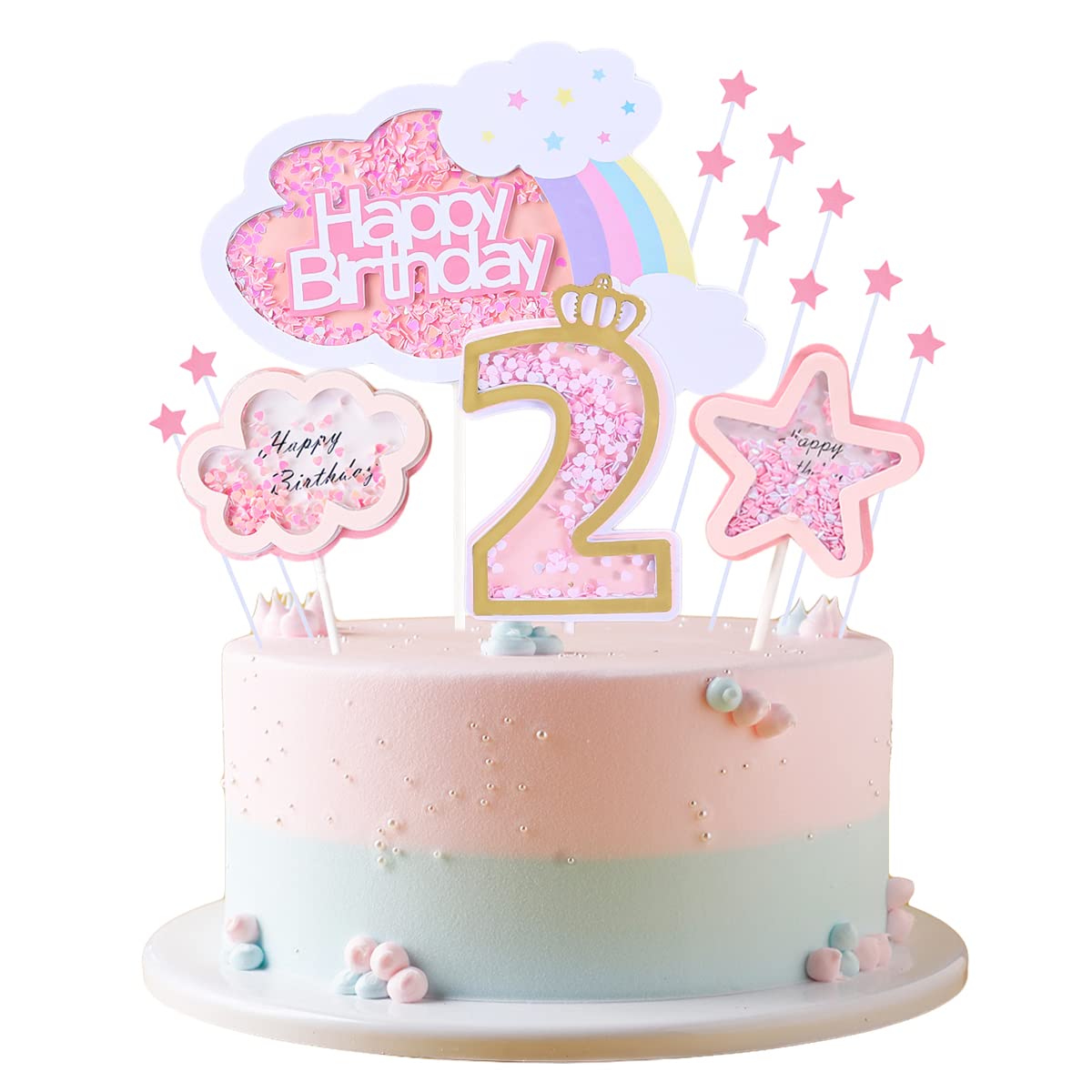 Kawailay Birthday Cake Decoration Set, Rainbow Clouds & Stars, 2nd Birthday Topper, Pink, Model Kawailay-206