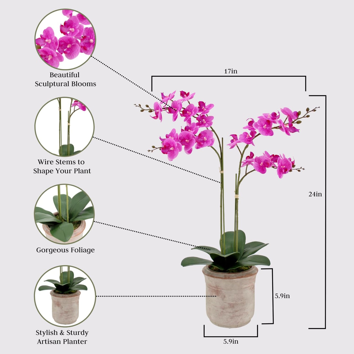 Cg Hunter Faux Pink Orchid Plant, Premium Artificial Indoor Flower Display Stands 24   , Beautiful Sculptural Blooms That Lasts