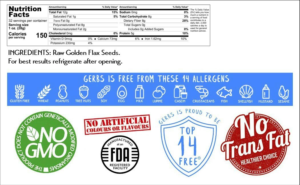 Gerbs Raw Golden Flax Seeds 2 Lbs. Premium Grade | Freshly Harvested Flaxseed & Packaged In Resealable Bulk Bag | Non-Gmo, Keto & Paleo Cleared |High In Omega-3 Fatty Acids & Fiber| Gluten Peanut Free