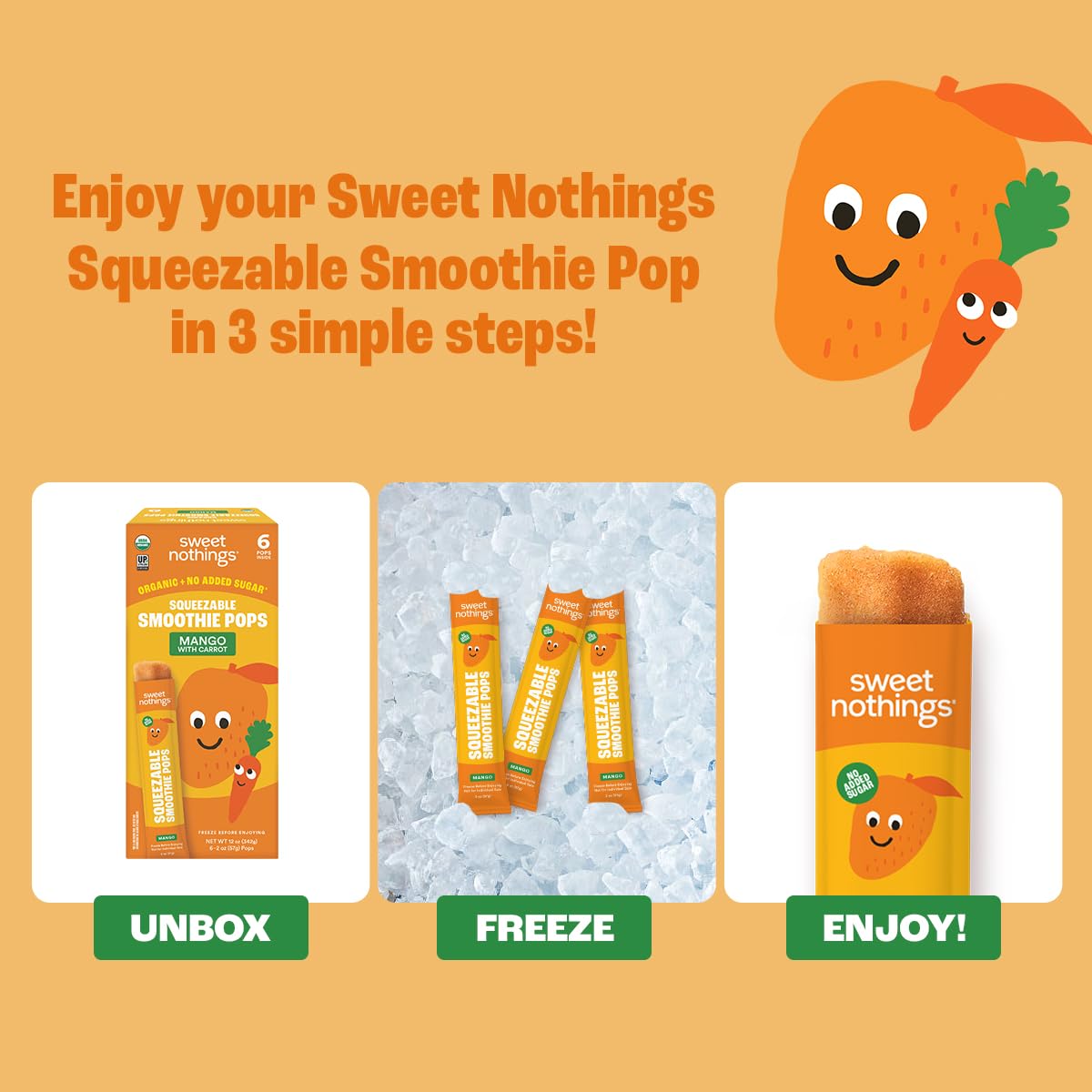 Sweet Nothings, Mango, Usda Organic Kids' Squeezable Super Fruit Smoothie Freezie Popsicle Pops, Value Pack Of 24 - Dye-Free, No